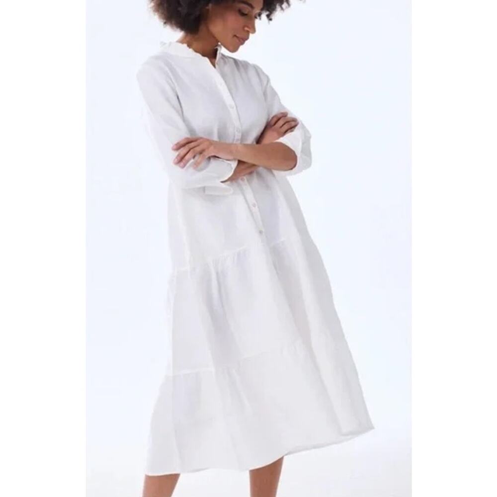 Alice Walk White Linen Tiered Maxi Dress Band Collar Size L